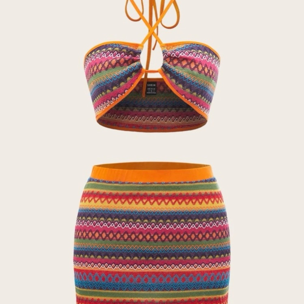 ICON Geo Print Contrast Binding Tie Backless Crop Halter Top & Skirt
